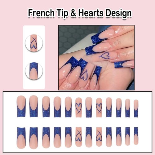 ANDGING French Tip Press on Nails Blue Square Ballet Medium Long Fake Nails Glue on Nails with Hearts Design Acrylic Women False Nails with Glue 24Pcs Gel Stick on Nail for Wedding Birthday KAA687L