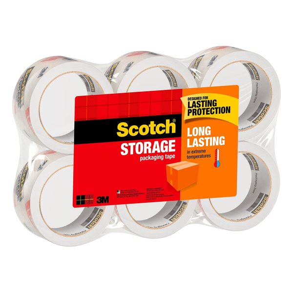 Scotch Long Lasting Storage Packaging Tape, 1.88" x 54.6 yd, Designed for Storage and Packing, Stays Sealed in Weather Extremes, 3" Core, Clear, 6 Rolls (3650-6)