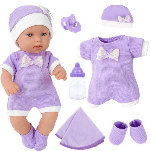 ZNTWEI 12 Inch Baby Doll Playset with Reborn Baby Dolls Clothes and Accessories Including Purple Jumpsuit, Hats, Socks, Bottles, Nipple, Blanket