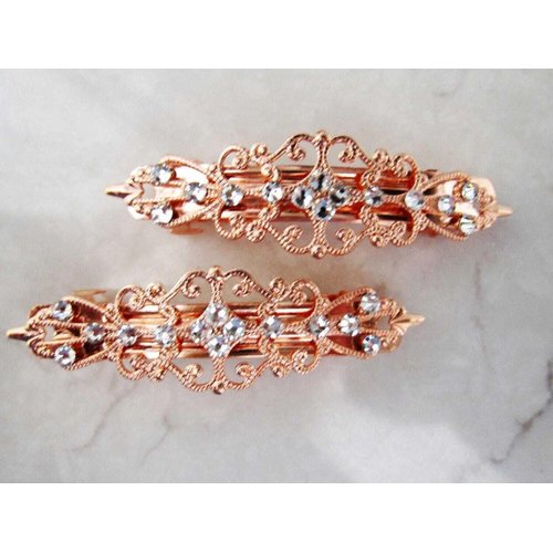 Generic Small pair of antique silver or rose gold crystal hair clip clamp (Crystal option: No crystals, Primary color: Silver)