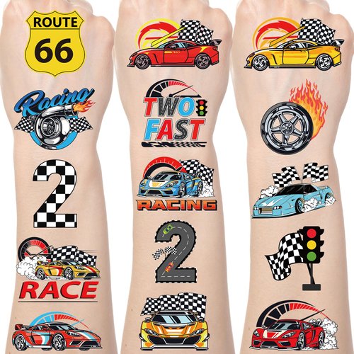Yoyuspy Two Fast Tattoos Temporary - 200+ Two Fast Birthday Decorations Race Car Birthday Party Decorations Favors Supplies Happy 2nd Birthday Decorations Boy Checkered Flag Tattoos Prizes Rewards
