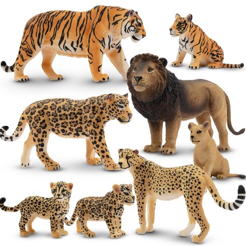 Toymany 8PCS 2-5" Plastic Jungle Animals Figures Playset Includes Baby Animals, Realistic Lion, Tiger, Cheetah, Leopard Figurines with Cubs, Cake Toppers Christmas Birthday Toy Gift for Kids Toddlers