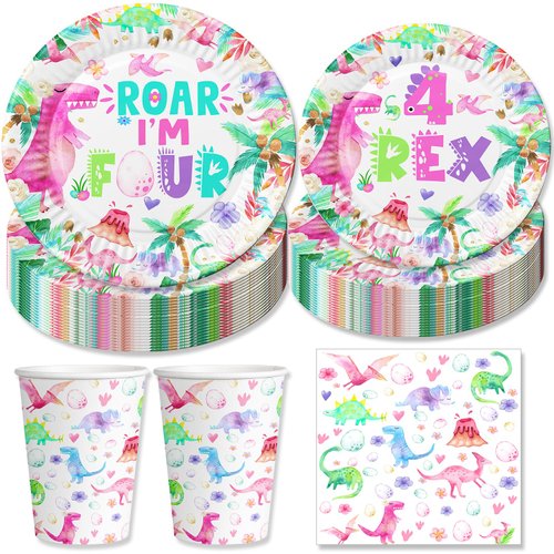 BIGKEOKI Watercolor Dinosaur 4th Birthday Paper Plates Napkins and Cups Roar I Am Four Dinosaur Birthday Decorations Pink Dinosaur Party Supplies for Girls Dino Bday Serve 30 guests (Pink FOUR)