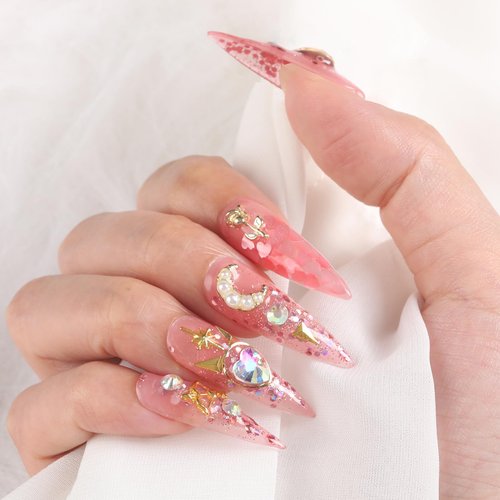 Kaquee-Really Handmade Press on Nails Long,Luxury Golden Stiletto Fake Nails Y2k,Glue Stick on Nails with Butterfly Bling Rhinestones,Nail Art Gifts for Women Girls (Pink, M)