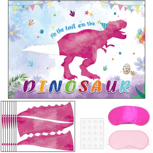 T-Antrix Pin The Tail on The Dinosaur Game -Dinosaur Party Games for Kids Girls with 21'' x 28'' Poster, Reusable Pink Tails Party Supplies for Kids Girls Birthday Party Favor Sets
