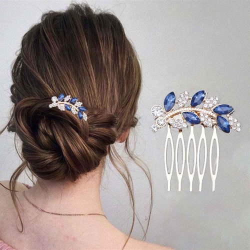 Yheakne Vintage Rhinestone Crystal Hair Comb Blue Crystal Wedding Headpieces Rhinestone Side Comb Hair Clip Hair Gold Cz Leaf Comb Barrette Bridal Headwear Accessories Jewelry for Women (Gold)