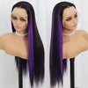 SISIFIRE Purple Highlight Lace Front Wigs for Women Silky Straight Preplucked Hairline Synthetic Heat Resistant Fiber Glueless Wigs for Daily Use 24 Inch