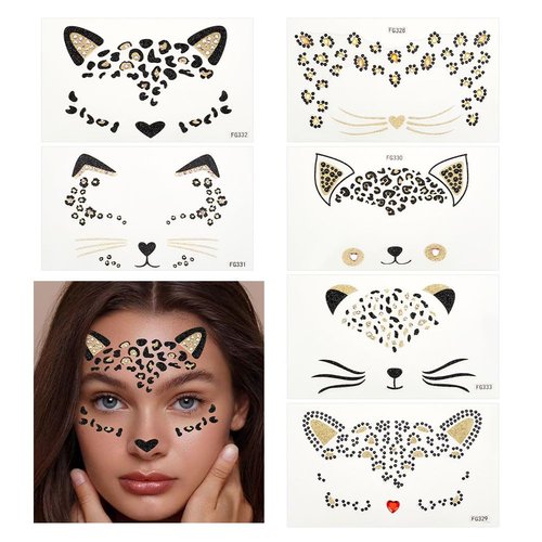 OLYCRAFT 6 Sheets Crystal Cat Face Jewels 3.1x5.1 Inch Acrylic Rhinestone Stickers Temporary Leopard Tattoo Stickers Leopard Face Stickers Removable Stickers for Women Art Party Decor