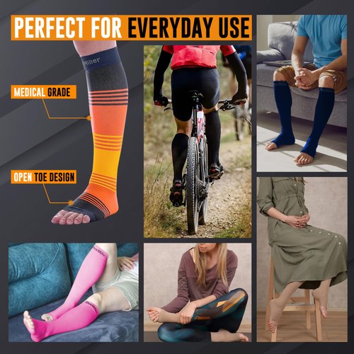 Doc Miller, Open Toe Compression Socks, 8-15 mmHg, Toeless, Support Circulation, Shin Splints, Calf Recovery, Varicose, Knee High, Medical Grade, Sun Stripes Socks, Small Size for Men & Women, Pair