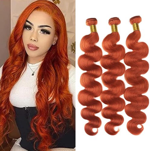 Orange Body Weave Bundles Color #350 Human Hair Bundles Ginger Orange Body Wave Bundles Double Weft Brazilian Remy Hair Extensions Wet and Wavy Bundles Silky Soft for Black Women (16 18 20 Inch)