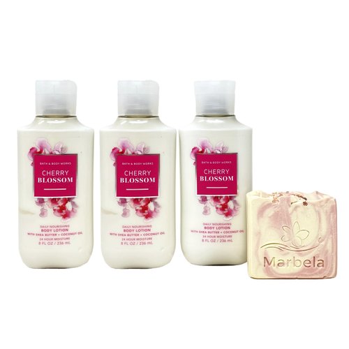 Bath & Body Works Cherry Blossom 3 Pack Daily Nourishing Body Lotion Bundle with a Himalayan Salts Springs Bar Soap - Full Size