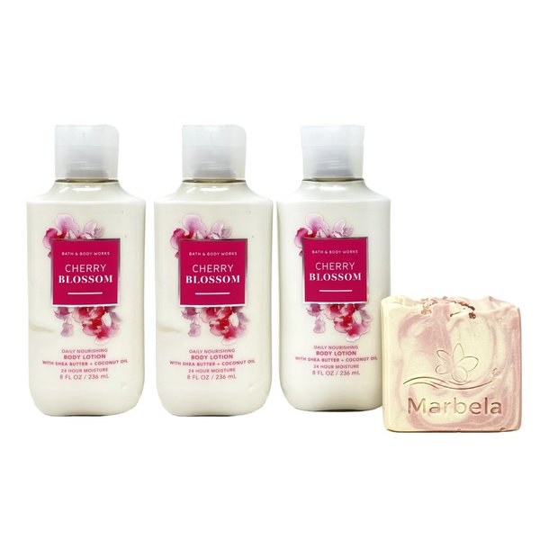 Bath & Body Works Cherry Blossom 3 Pack Daily Nourishing Body Lotion Bundle with a Himalayan Salts Springs Bar Soap - Full Size