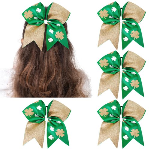 Whaline 4Pcs St. Patrick's Day Hair Bow Scrunchies Glitter Shamrock Prints Grosgrain Ribbon Bow Hairband Green Gold Elastic Ponytail Holders for Irish Day Parade Celebration Hair Accessories