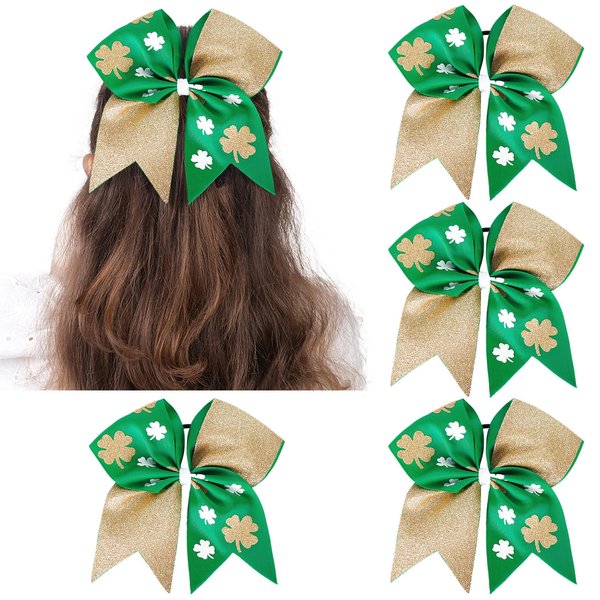 Whaline 4Pcs St. Patrick's Day Hair Bow Scrunchies Glitter Shamrock Prints Grosgrain Ribbon Bow Hairband Green Gold Elastic Ponytail Holders for Irish Day Parade Celebration Hair Accessories