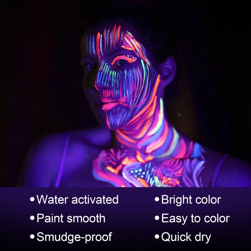 MEICOLY Glow UV Blacklight Face Paint, 8 Bright Colors Neon Fluorescent Rave Body Paint Palette,Water Activated Eyeliner,Water Based Glow In The Dark Halloween Washable for Kids Adult Body Painting