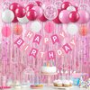 Pink Happy Birthday Party Decorations for Women Girls, Pre-Strung Happy Birthday Sign Banner, Pink Balloons, Fringe Curtain, Tissue Paper Pom Poms, Star Garland, Hanging Swirls for Birthday Party
