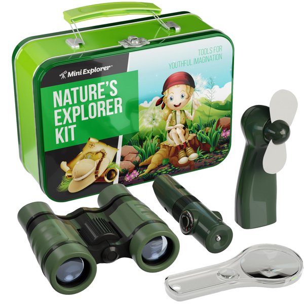 Nature Explorer Kit for Kids - Camping Gear & Accessories Play Toy Gift for Boys Outdoor Childrens Games. Birthday Gifts Toys 6 7 8 Year Old Boy. Binoculars Fan Magnifier Flashlights 5-in-1 Tool