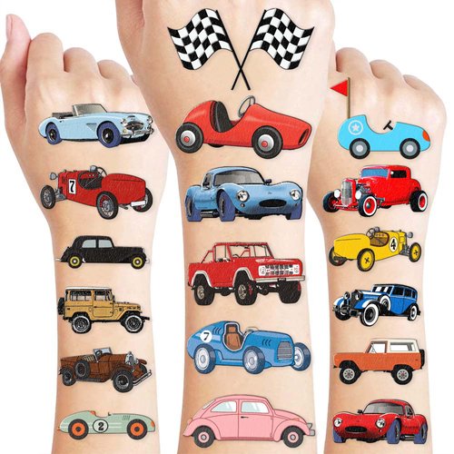 8 Sheets (96PCS) Vintage Race Car Tattoos Themed Birthday Party Decorations Supplies Favors Tattoo Stickers for Kids Boys Girls Gifts Classroom School Prizes Rewards