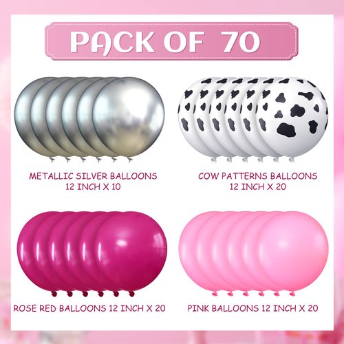 70 Pieces Western Theme Party Decorations Bachelorette Birthday Cow Balloons Rodeo Balloons Rose Red, Pink, Silver, Cow Print Latex Balloons for Baby Shower Cowgirl Party Supplies