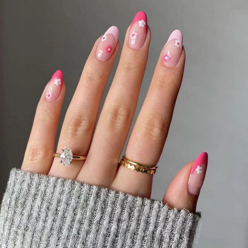 OCOUYVD Flower Style 10 Full Well Tips Acrylic ABS Oval False Nails, 24 Pieces with Glossy Finish, Pink, French, Medium, Includes Glue & Nail File