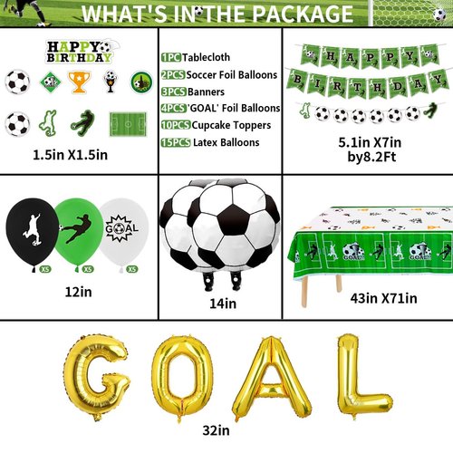 Soccer Party Supplies - 3 Set Soccer Themed Happy Birthday Banners, 1 Table Cloth, 10 Cake Toppers and 15 Soccer Theme Balloons Decorations for Kids and Soccer Fans Birthday Party