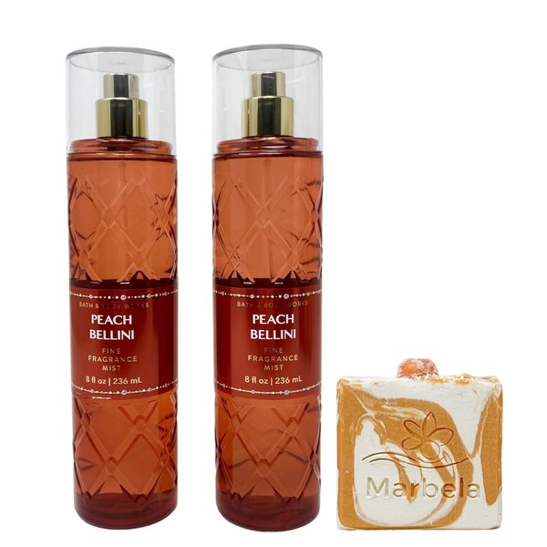 Bath & Body Works Peach Bellini - Pack of Two - Fragrance Mist With a Peach Gardenia Soap.
