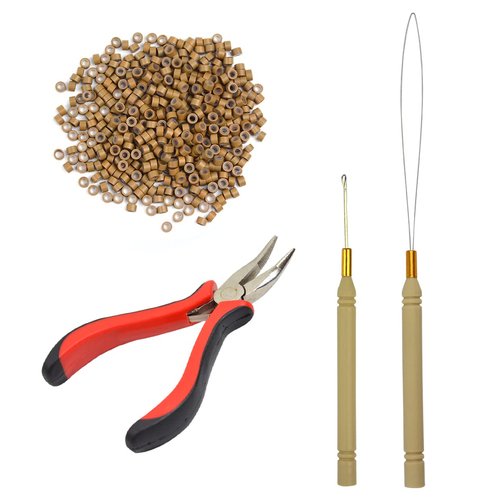 Hair Extensions Tool Kit I-tip Hair Extension Pliers Pulling Hook Bead Device Tool Kits and 500 Pcs 5 mm Micro Links Rings Beads (Dark Blonde)