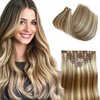 Hair Clip in Extensions Real Human Hair Invisible PU Skin Weft Natural Remy Hair Ash Blonde Highlighted Platinum Blonde Hair Extensions Clip on 7 Pieces 80 Gram 12 Inch