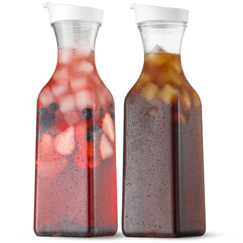 NETANY 50 Oz Water Carafe with Flip Top Lid, Set of 2 Square Base Containers, Clear Plastic Pitcher - for Iced Tea, Juice, Beverage, Milk, Cold Brew and Mimosa Bar - HAND WASH ONLY