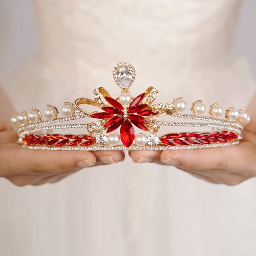 JWICOS Vintage Pearl Tiara Crown for Women Crystal Queen Tiara for Girls Crown Headband Hair Accessories for Birthday Party Pageant Wedding Prom Halloween Costume (Red)
