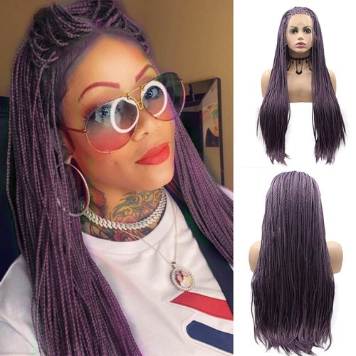 Micro Braided Box Braids Wig Natural Hairline Purple Long Braiding Hair Realistic Hand Braid Lace Front Wigs for Black Women Pre Plucked Braids Synthetic Braided Lace Wig Cosplay Party Daily 28 Inch