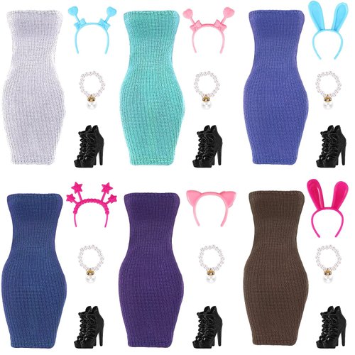 UPINS 6 Sets Doll Clothes Girls Doll Accessories for 11.5 Inch Doll Include Summer Dress Necklace Headband Shoes Regular Outfit Doll Clothing Girl Birthday Gift