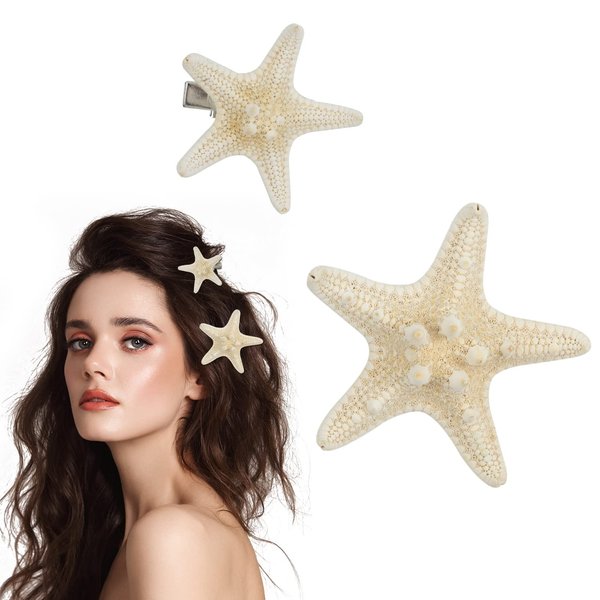 MAORULU 2 Pcs Starfish Hair Clips Natural Beach Sea Star Hair Pins for Women and Girls, Cute Hair Barrettes Mermaid Headpiece Accessories, Random Size