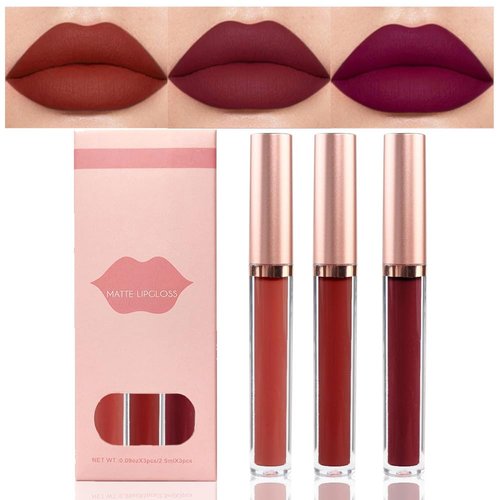AMY&#39;S DIARY 3Pcs Deep Dark Red Purple Plum Matte Liquid Lipstick Sets,Smudge Waterproof 24-hour M...