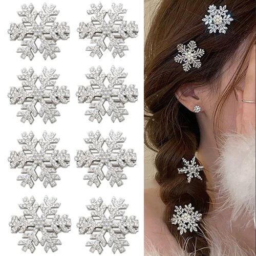 Sparkly Rhinestone Snowflake Hair Clips Pearl Crystal Hair Barrettes Winter Christmas Hairpin Wedding Bridal Ornaments Jewelry Xmas Party for Women Hair Accessories