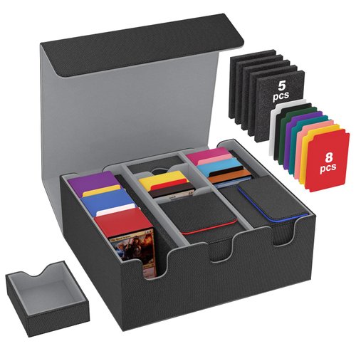 MoKo Card Storage Box for Trading Cards, 2200+ MTG Deck Box with 8 Colorful Divider Tabs & 5 Sponge Pads, Trading Card Storage Fit for Magic Game Cards, Holds 5 Commander Deck Box (Black & Gray)