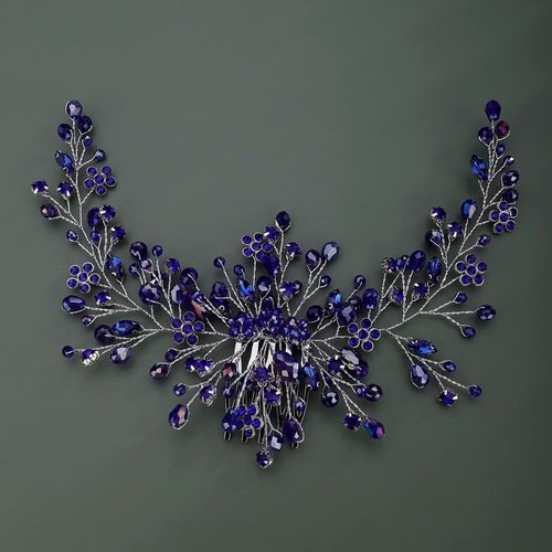 Teyglen Dainty Silver Blue Rhinestones Flower Crystal Bride Wedding Hair Comb Blue Hair Accessories with Rhinestones Crystals Bridal Side Hair Combs for Women Bride Girls (Blue)