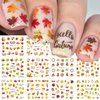 Fall Nail Art Stickers - 12pcs Autumn Leaves Nail Stickers 3D Self-Adhesive Leaf Nail Decals Fall Maple Water Transfer Stickers with Turkey Pumpkins Design Fall Nail Art Supplies