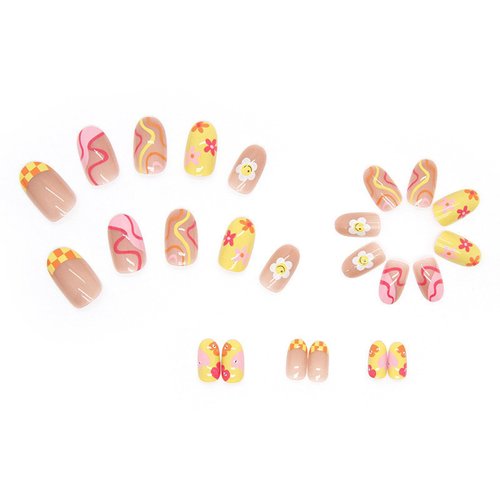 MERVF Round Press on Nails Medium Fake Nails French Tip Yellow Pink Oval Glue on Nails with Cute Flower 24pcs Glossy Acrylic Nails Stripe Checkered False Nails Press ons for Women and Girls