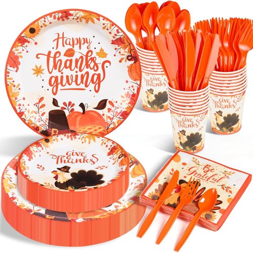 Thanksgiving Plates and Napkins Cups and Plastic Utensils, 16 Guest Turkey Paper Plates Napkins Cup and Plastic Fork Spoon for Autumn Harvest Thanksgiving Dinnerware Set