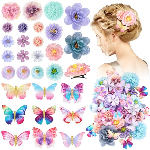 Bencailor Handmade Realistic Butterfly Hair Clips and Colorful Barrettes for Bride, Women, Wedding, Girls - Flower Hair Pins and Hairpins (Blue, Purple)