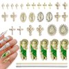 36 Pcs 3D Cross Nail Rhinestones Charms San Judas Tadeo Virgin Mary Nail Charms for Acrylic Nails Chains Gold Nail Art Metal Shiny Alloy Crystals Gems DIY Jewels Accessories Supplies Decorations Set
