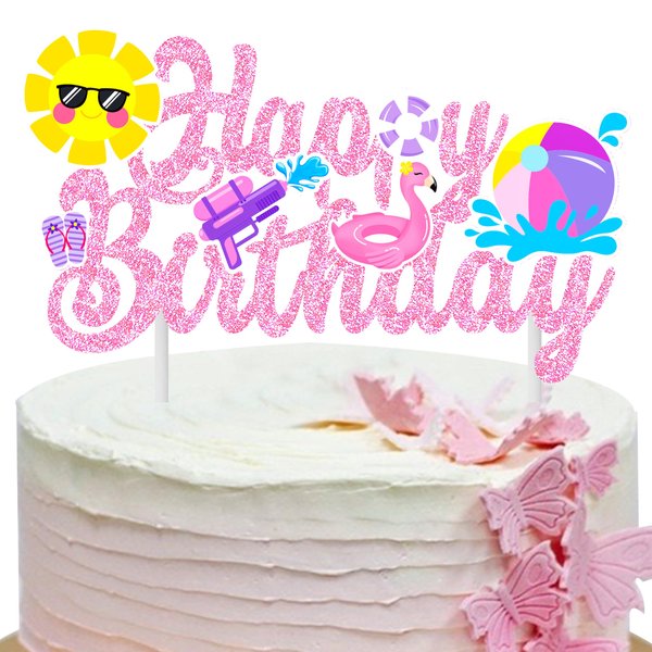 Pool Party Birthday Cake Topper Summer Pool Birthday Party Decorations Pink Glitter Summer Beach Happy Birthday Cake Topper Decorations for Boys Girls Summer Holiday Birthday Party Favor Supplies