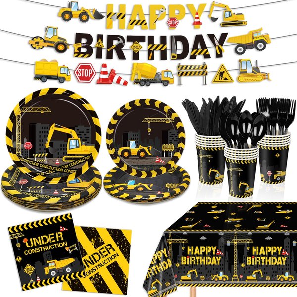 172 Pcs Construction Birthday Party Supplies Set Tractor Dump Digger Vehicle Themed Party Decor Includes Tablecloth Plates Cups Napkins, Serves 24 Guests
