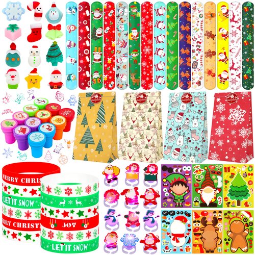 Christmas Party Favors 87 PCS Christmas Squishy Toys Slap Bracelets LED Rings Plastic Stamps Silicone Bracelets DIY Stickers Gift Bags for Kids Christmas Party Gift Exchange Goodie Bags Fillers