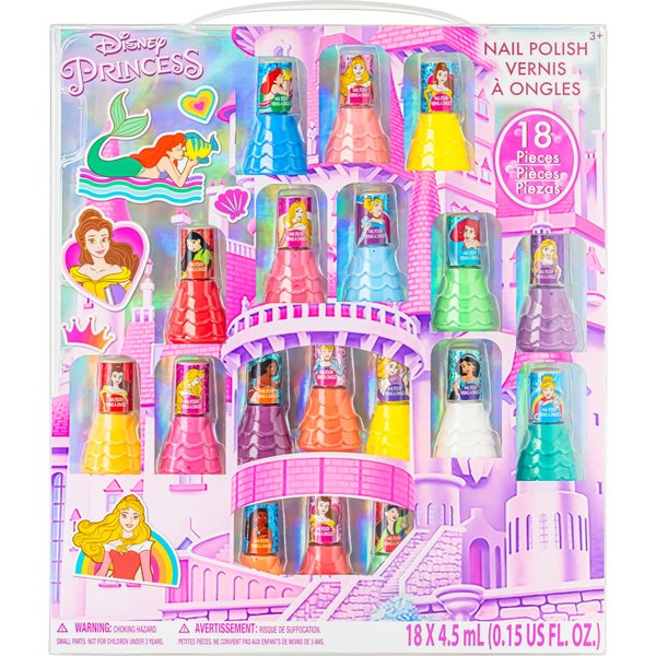 Townley Girl Disney Princess Castlebox Non-Toxic Peel-Off Water-Based Natural Safe Quick Dry Nail Polish | Gift Kit Set for Kids Girls, First Princess | Opaque Colors, Ages 3+ (18 Pcs)