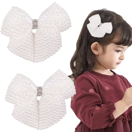 2Pcs Rhinestone Pearl Hair Bows for Toddler Kids Girls, White Double Layer Butterfly Floral Hair ...