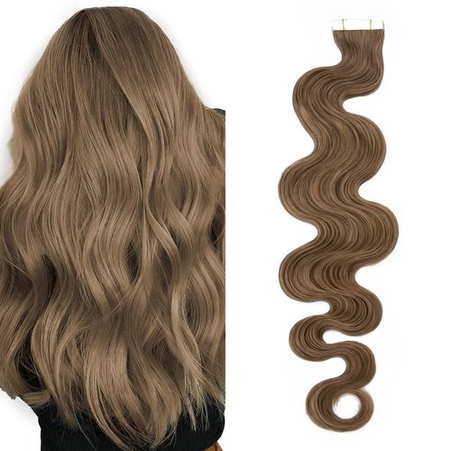 SEGO Tape in Hair Extensions Wavy 18 Inch Natural 100% Remy Human Hair Real Seamless Skin Weft Invisible Rooted Double Sided Tape Hair for Women 20pcs 50g -Light Brown -Body Wave