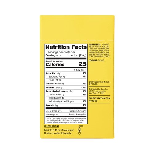 Cure Hydration | Plant-Based Electrolyte Drink Mix | No Added Sugar | Dehydration Relief Powder Made with Coconut Water | Non-GMO | Vegan | FSA & HSA | Box of 8 Packets - Lemonade