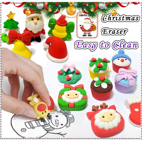 32 PCS Christmas Erasers 3D Christmas Puzzle Erasers for Kids Santa Snowman Erasers for Xmas Party Favors Classroom Rewards
